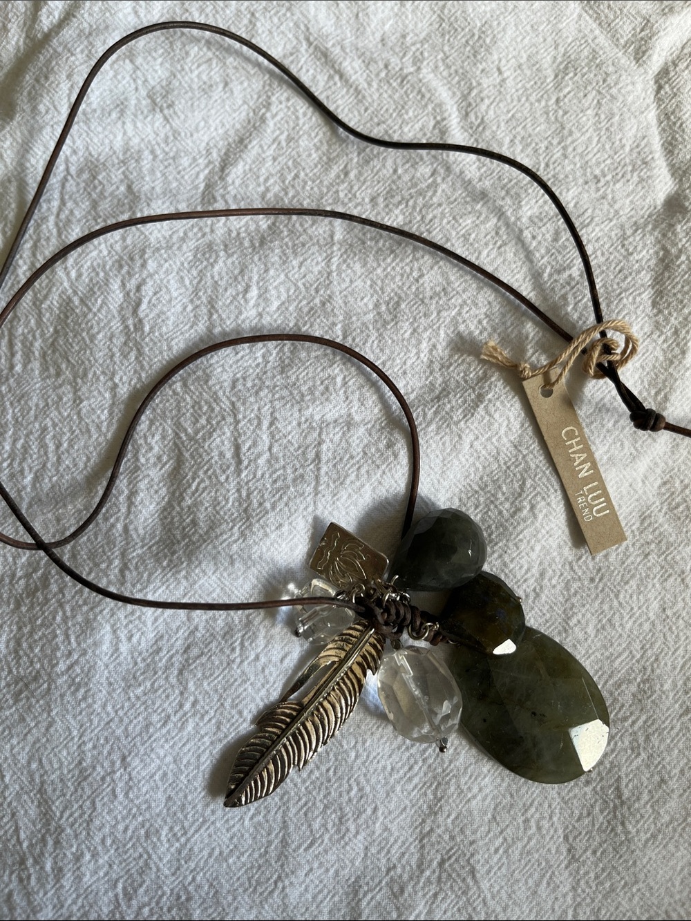 CHAN LUU Labradorite & Crystal Feather Charm Necklace